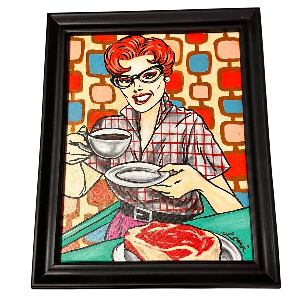 CHAAD LENZI ORG Pop Art Retro Coffee Steak Painting Signed Framed12x15